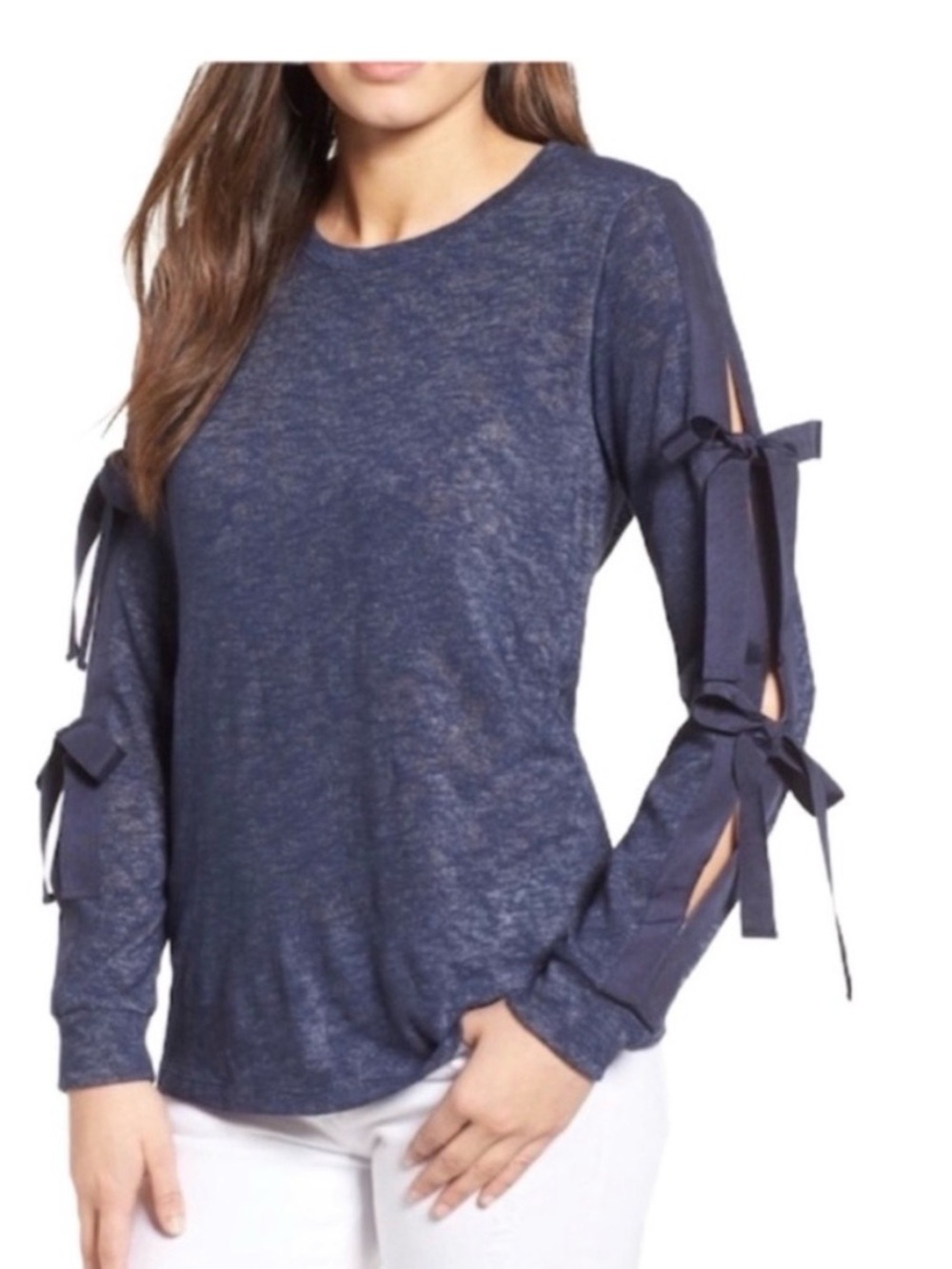 Nordstrom Pleione Bow Tie Sleeve Top Strappy Blouse XL Navy Blue Coquette Preppy